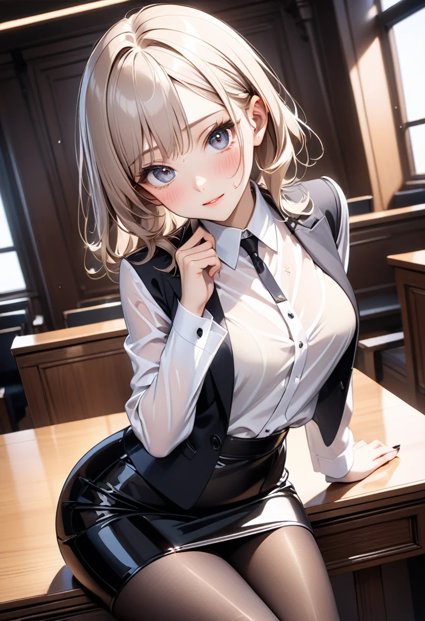 (((Female erotic lawyer, formal suit skirt, pencil skirt a black, pantyhose, white see-through blouse,  jacket, Stiletto heels, (Shiny Costumes)))), skinny, solo, 1 woman, Masterpiece, highest quality, highest quality, 16K, incredibly absurd, highly detailed, 2.5D, ai-generated, delicate and dynamic, very delicate facial expressions, delicate eye depiction, erotic, only sexy woman, ((A cute and kind face)), healthy figure, ((25-year-old woman)), 160cm tall, medium firm swaying bust,, blush, Sweat,Embarrassed,sexy, ((thin thighs)), (Erect nipples:1.0), shiny and lustrous, facing straight at viewer, (in heat), ((Oily_skin)), ((dutch angle)), ((erotic pose)), Fashion Model poses, Fashion Model style, (Close-up),In the courtroom, sitting on a desk, one knees, from below,