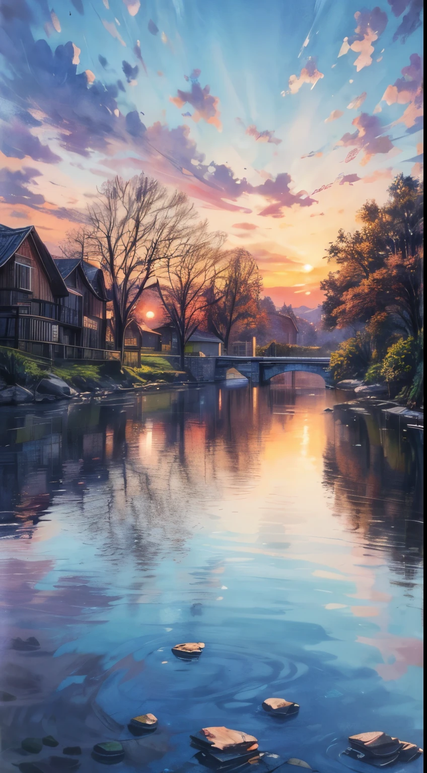 Impressionist watercolor landscape showing a rustic dwelling perched precariously on a quietly flowing river, The setting sun creates a colorful canvas in the sky、The glow of the surrounding trees々As if reflected on the calm water, Quaint Residence, Quiet river, The Sunset Sun, Vibrant sunset, Rich natural environment, Twilight, Pictorial texture, luxuriant leaves, Gentle Harmony, Reflection on the surface of the water, Warm color palette, Wide range of brush strokes, Dreamy atmosphere, Gradient Sky, Soft lighting, Artistic impression