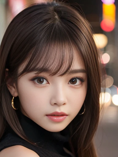masterpiece, 1 beautiful girl, Detailed eyes, Puffy eyes, Highest quality, High resolution, (Reality: 1.4), Cinema Lighting, Asian Beauty, Korea Idol, Super Beauty, Beautiful Skin, thin, (Surreal), (High resolution), (8k), (Very detailed), (beautifully Detailed eyess), (Ultra-detailed), (wall), Detailed face, Bright lighting, Professional Lighting, View your viewers, Look straight ahead, black knitwear, Diagonal bangs, Night Scenery, Brown Hair, Age 19, expensive,