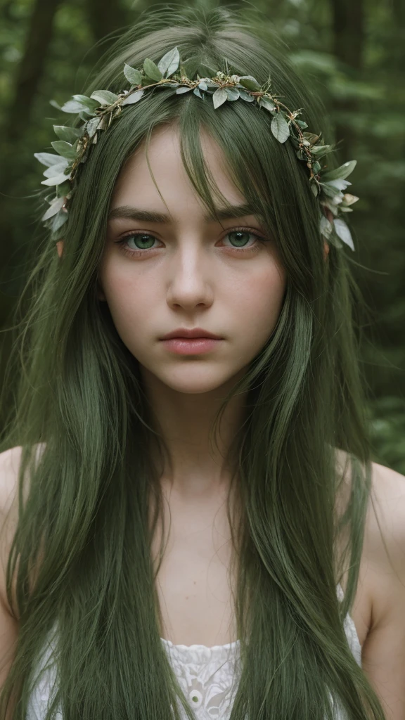 a girl. Europe. Oval face. delicate facial features. long face. sad eyes. charming. long straight hair. messy hair. green hair. green eyes. wreath on head. sulked. shy. straight face. in the forest
