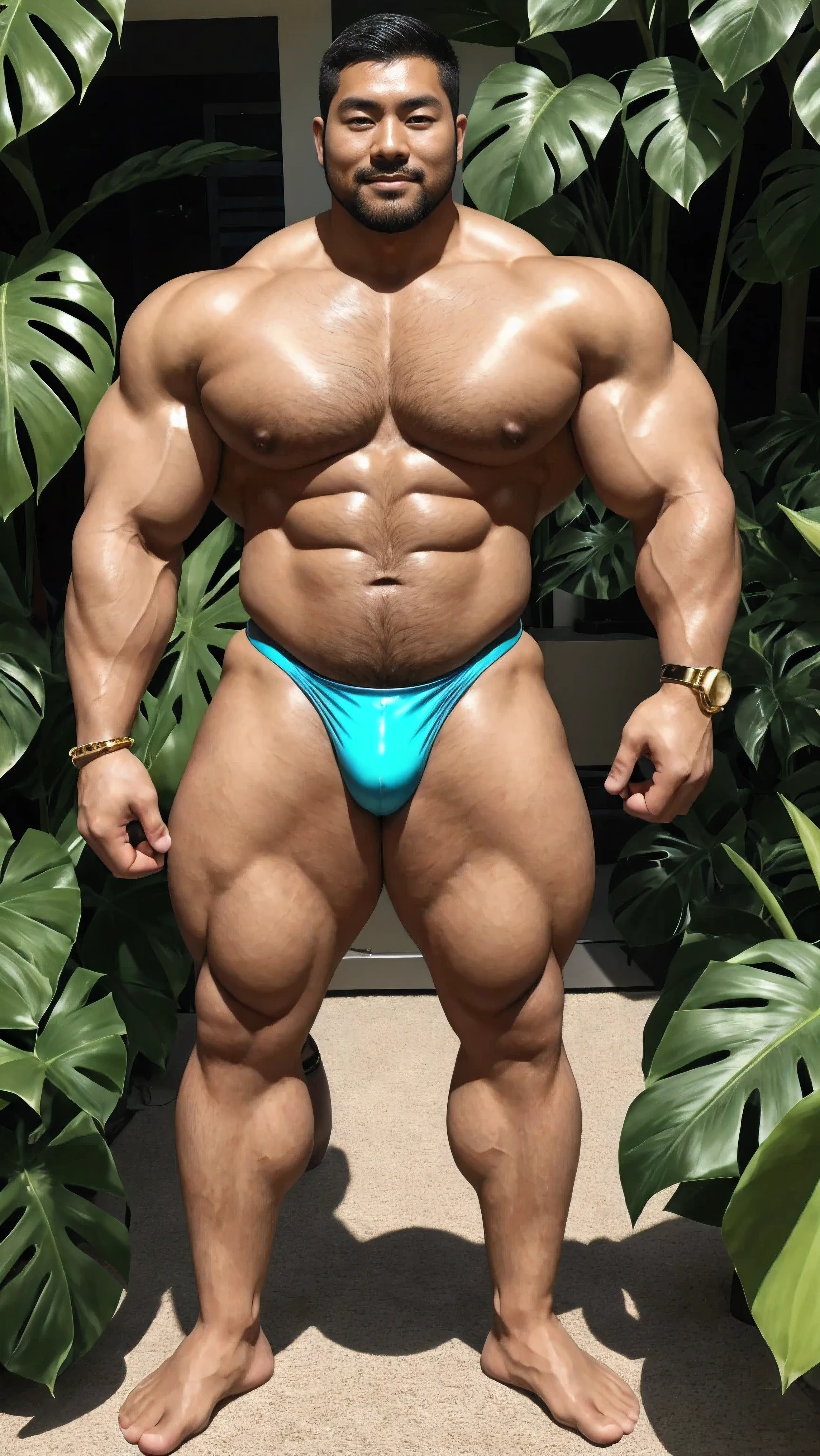 There is only one handsome Chinese man in the photo,35 years old,tall, Fitness,Smooth body,Smooth skin,No chest hair,short hair, O-Shaped Beard,Perfect body, Dark skin color,Radiant Skin,Smooth skin,Shiny, shiny skin,Smooth pectoral muscles,Muscle bulge, muscular, Very large pectoral muscles,Very sexy abdominal muscles,Very well-developed leg muscles,Huge concave and convex area,Brightens oily skin,Wear a fluorescent rainbow leather thong,Handsome face,Normal human toes,Correct and accurate male body proportions,Gold bracelet,Gold anklets,Standing in front of Monstera leaves。