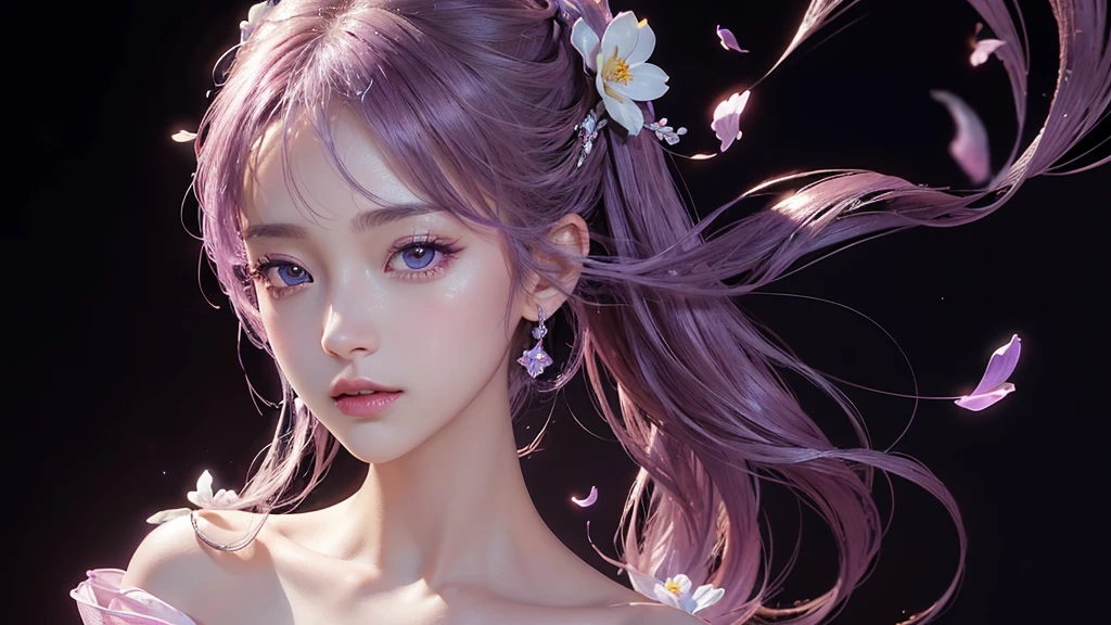 One girl, alone, flower畑, flower, (Official Art, unity 8k wallpaper, Super detailed, beautifully、aesthetic, masterpiece ,Highest quality:1.3), (Dynamic Angle:1.2), (Floating colorful sparkles:1) , elegant, Vibrant colors, Highly detailed face, Detailed eyes, Glowing Skin, Glossy Lips , Pale purple background,