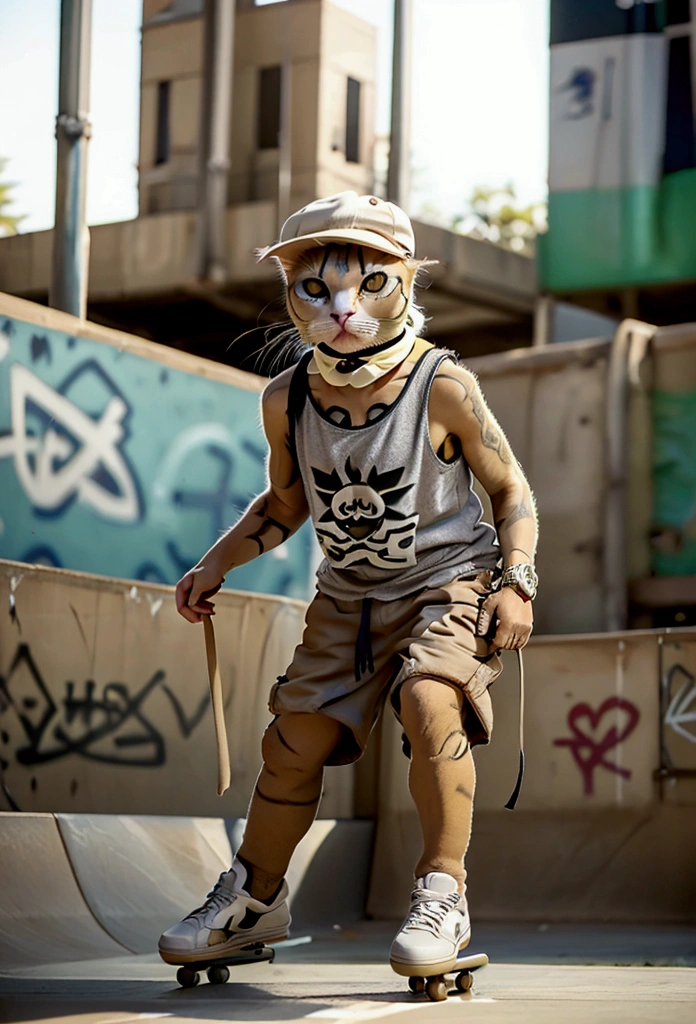 A Sphynx cat wearing a casual tank top and shorts, with a cap turned backwards. The cat is skateboarding in an urban skate park. The background features graffiti on the walls and other skaters performing tricks