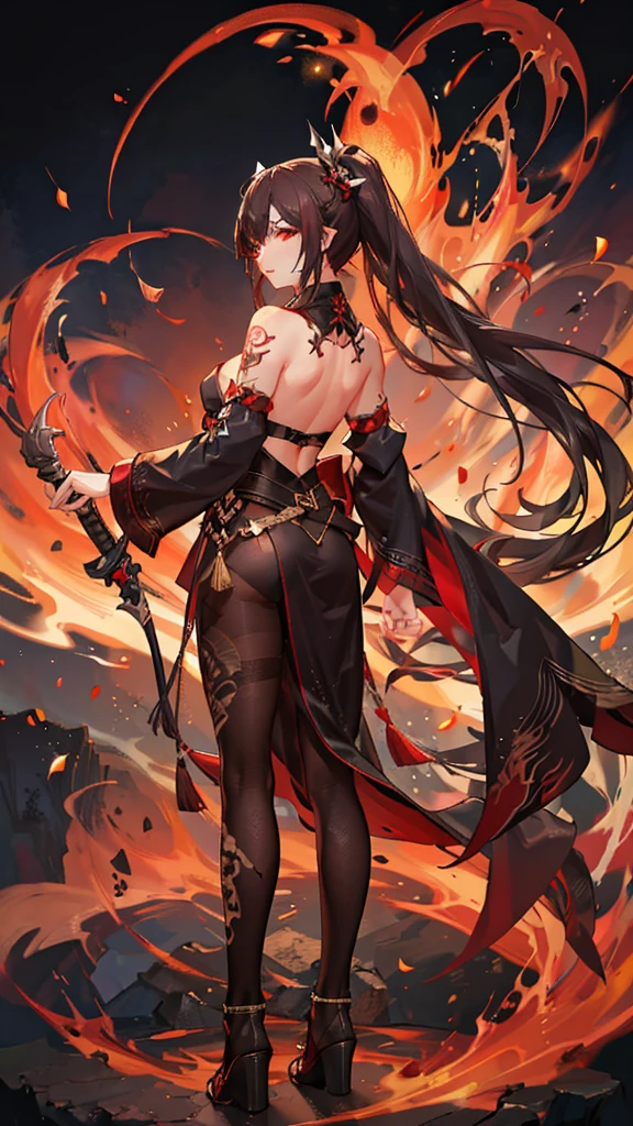 best quality,masterpiece,Ultra-high resolution,(truthfully:1.4),Dark background,The fire is shocking，Game characters,20 years old,beautiful oriental woman（goddess）,dark red eyes,Dark red long ponytail，Wearing red Hanfu,Flame tattoo on back,turn around