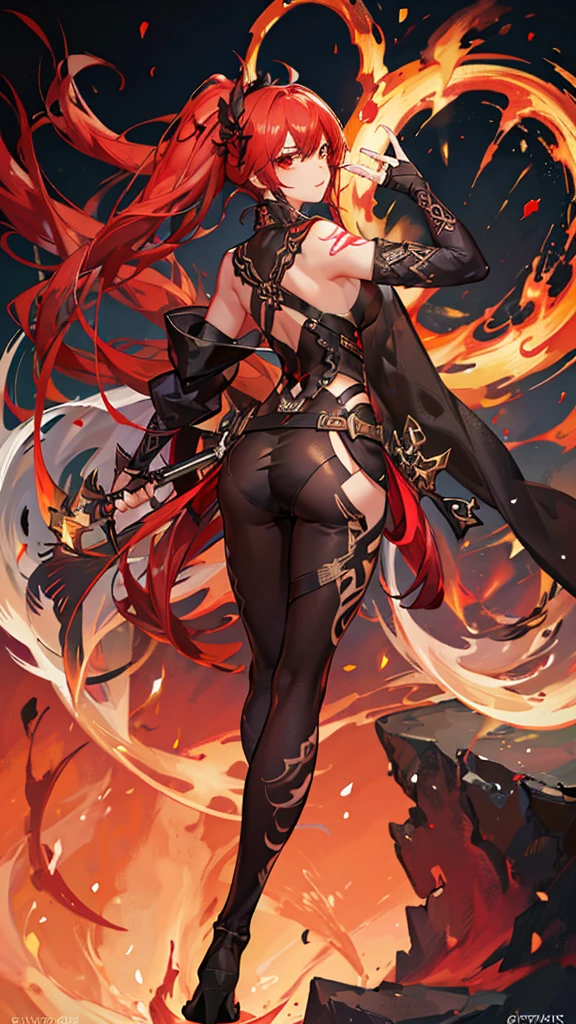 best quality,masterpiece,Ultra-high resolution,(truthfully:1.4),Dark background,The fire is shocking,Game characters,20 years old,beautiful oriental woman(goddess),dark red eyes,Dark red long ponytail,Wearing red Hanfu,Flame tattoo on back,turn around