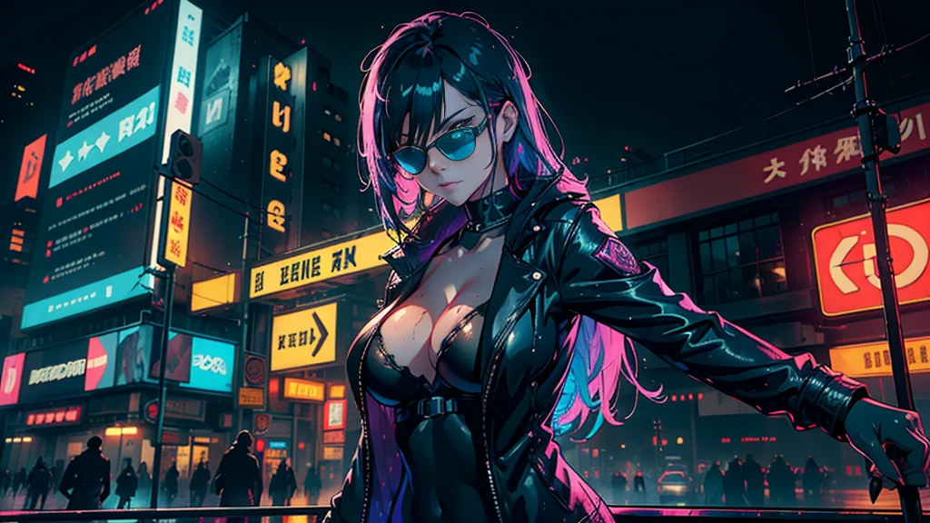 a sprawling city shrouded in darkness, illuminated only by vibrant neon lights that reflect off wet, rain-soaked streets adorned with holographic billboards and towering megacorporate logos. (1girl, solo, alone), large-breast:1.3 very slim body, long:0.4 hair, cleavage:1.1, sexy micro:0.3 laced lingerie with short:0.6 jacket, (pubic hair), (black sunglasses), ((she raised a pistol:1.8 and shot the viewer)), running pose, ((half-body thigh:0.95 level medium shot)), cinematic lighting, lens flare, ray tracing, blurred:0.5 background.