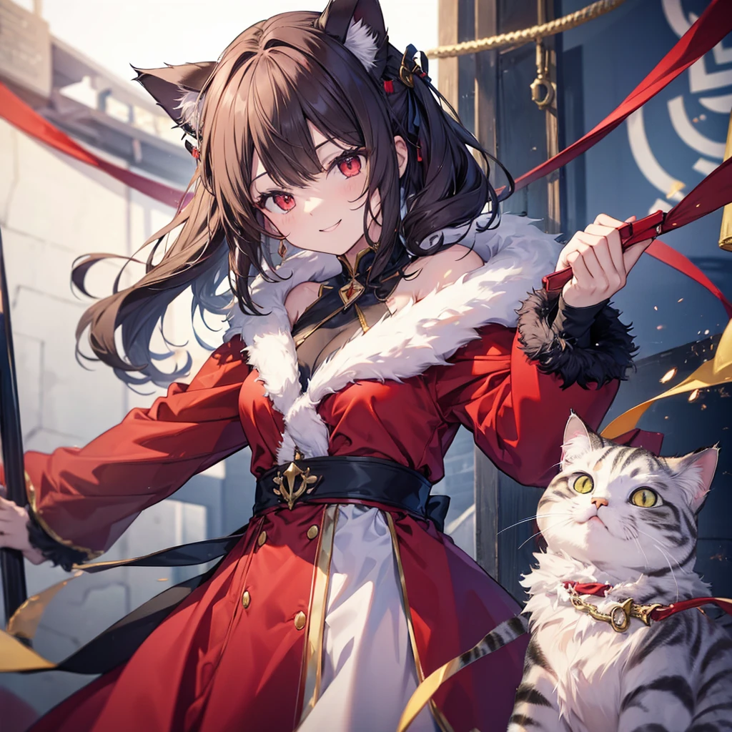 ((((Cat Cosplay、Wear a costume))))　(((Fantasy　Dull red eyes)))　((Fur clothing　Center close-up))　((smile　Cat&#39;s paw))　(Light　star)　Catch the wind　Shining Background　Lightの粒子, rainbow colored edges