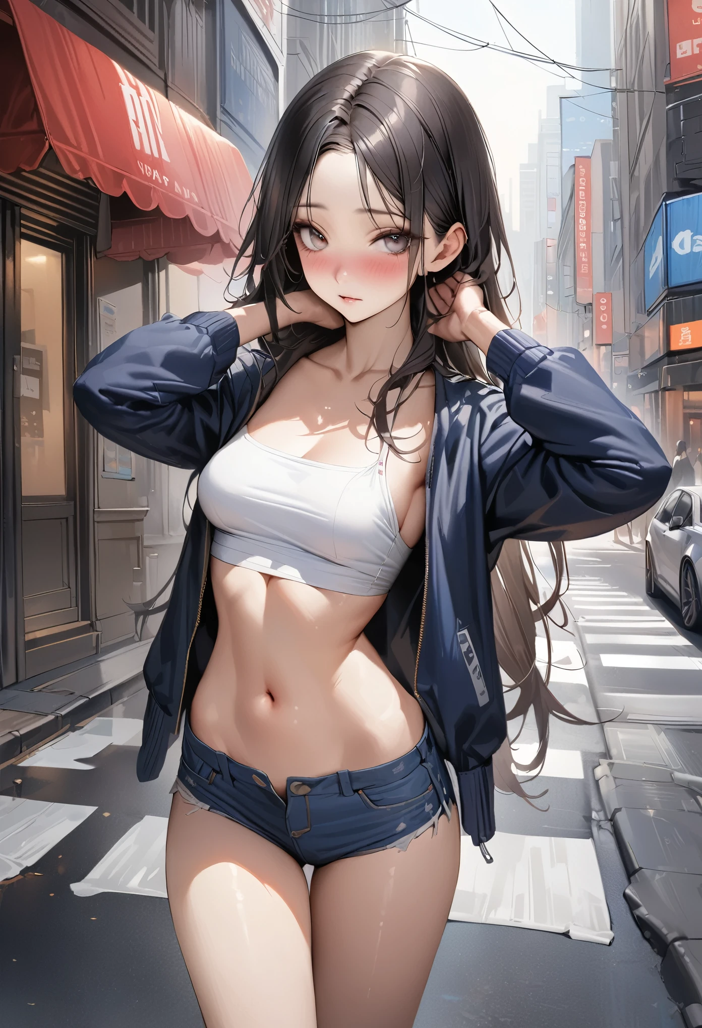 (((masterpiece,Highest quality:1.3,best quality illustration))),(realistic:1.2),cowboy shot,独奏,1woman,(18 year old beauty),((very small head:1.3)),black hair,long hair,forehead,center parted bangs,black eyes,gorgeous big eyes,blush,((very long body,skinny)),(Navy blue baseball jacket),medium breasts,gleaming skin,toned body,slender body,skinny,denim micro shorts,navel、Wearing a white tube top shirt and a blouson,on street,New York City、