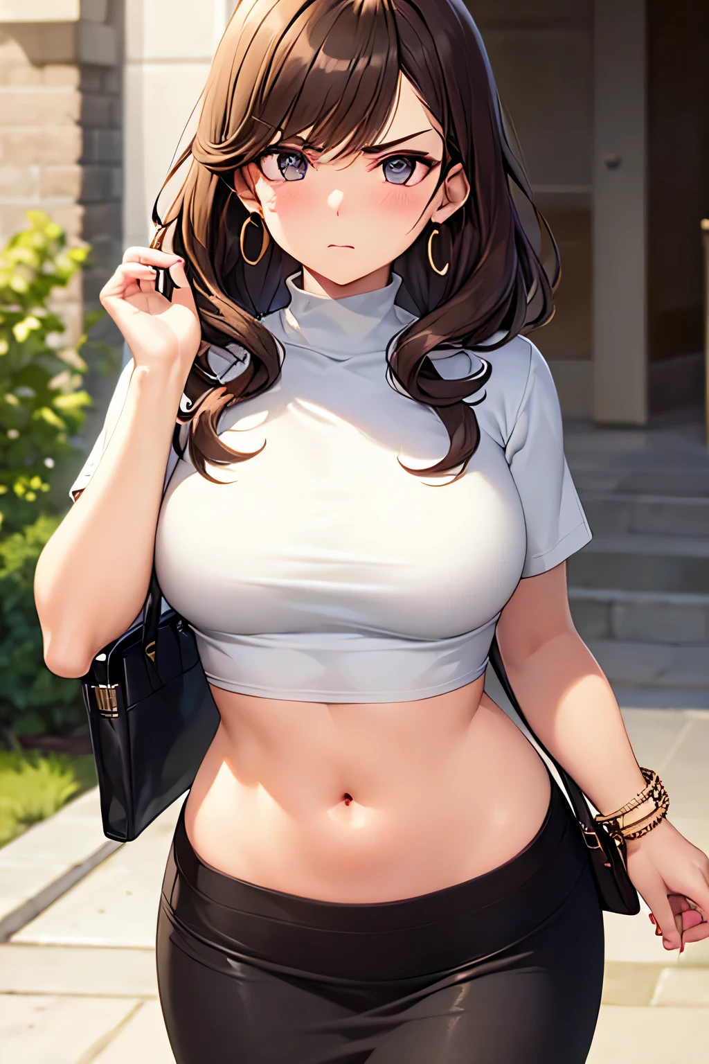 super fine illustration, vibrant colors, masterpiece, sharp focus, best quality, depth of field, cinematic lighting, ultra detailed, cropped shirt, turtleneck, short sleeves, pencil skirt, navel, belly button, tummy, 1 woman, solo, milf, very messy hair, slender, blush, annoyed, mature female, tall woman, looking down, v-shaped eyebrows, medium breasts, brown hair, stomach, carrying purse, very long hair, curly hair, bangle, earring
