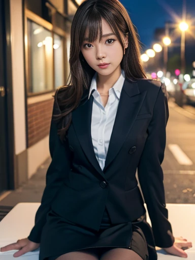 One girl, alone, Black Pantyhose, Brown eyes, View your viewers, (オフィスレディsuit), Sit on the bed, Brown Hair, Medium Hair, Messy Hair, Asymmetrical bangs, Black jacket, (White collared shirt), Black tight skirt, Long sleeve, suit, formal, smile, Beautiful woman, 8k, High resolution, RAW Photos, (Tabletop:1.2), (Highest quality:1.2), Realistic, Photorealistic, Sharp focus, Moody lighting, Blue Hour, Japanese Idols, expensive, Glamour, 