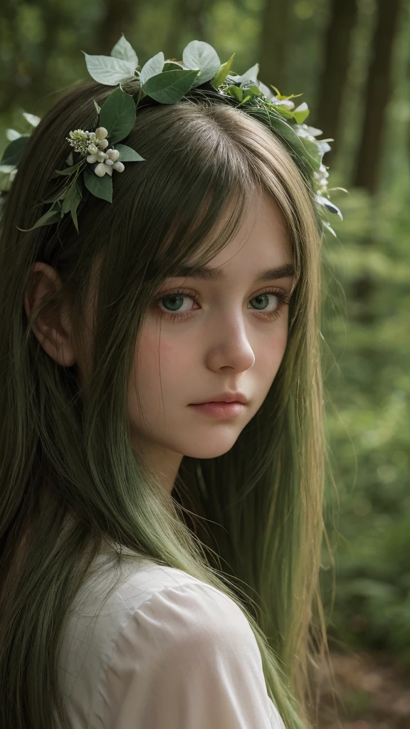 a girl.  Europe.  Oval face.  delicate facial features.  long face.  gentle eyes.  charming.  long straight hair.  messy hair.  green hair.  green eyes.  wreath on head.  sulked.  Sad.  shy.  straight face.  in the forest