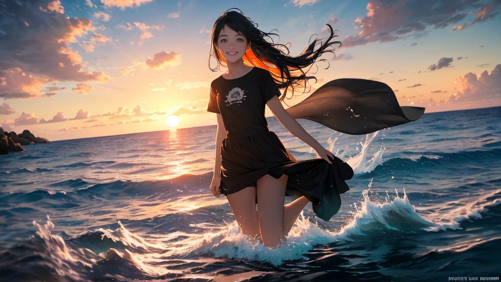 {best quality}, {very aesthetic}, {ultra-detailed}, {8k}, {Super elaborate face}, {Super-smart body}, {best illustration}, Mature face, 20-year-old woman, (swim under the sea), (deep sea), Midsummer Seafloor, Ocean floor at dusk, smile, Sunset shining through the water, T-Shirts, Sand on the seabed, Soft Light, Coral Reef, full body view, flat chest, Orange sunset, Black Hair,