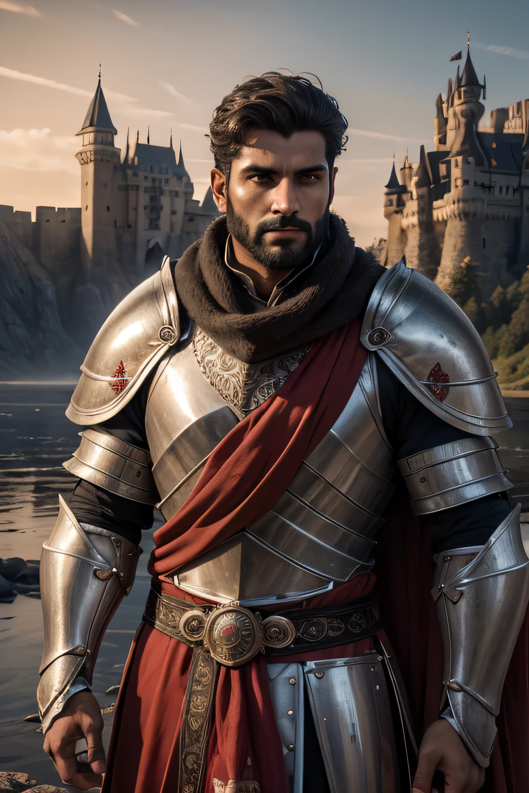 (8K, high definition, high quality, highly detailed) handsome desi knight. wearing a full plate armor. wearing a bear pelt shawl over his shoulders. black, gray, and red color palette. castle on the background. dawn.