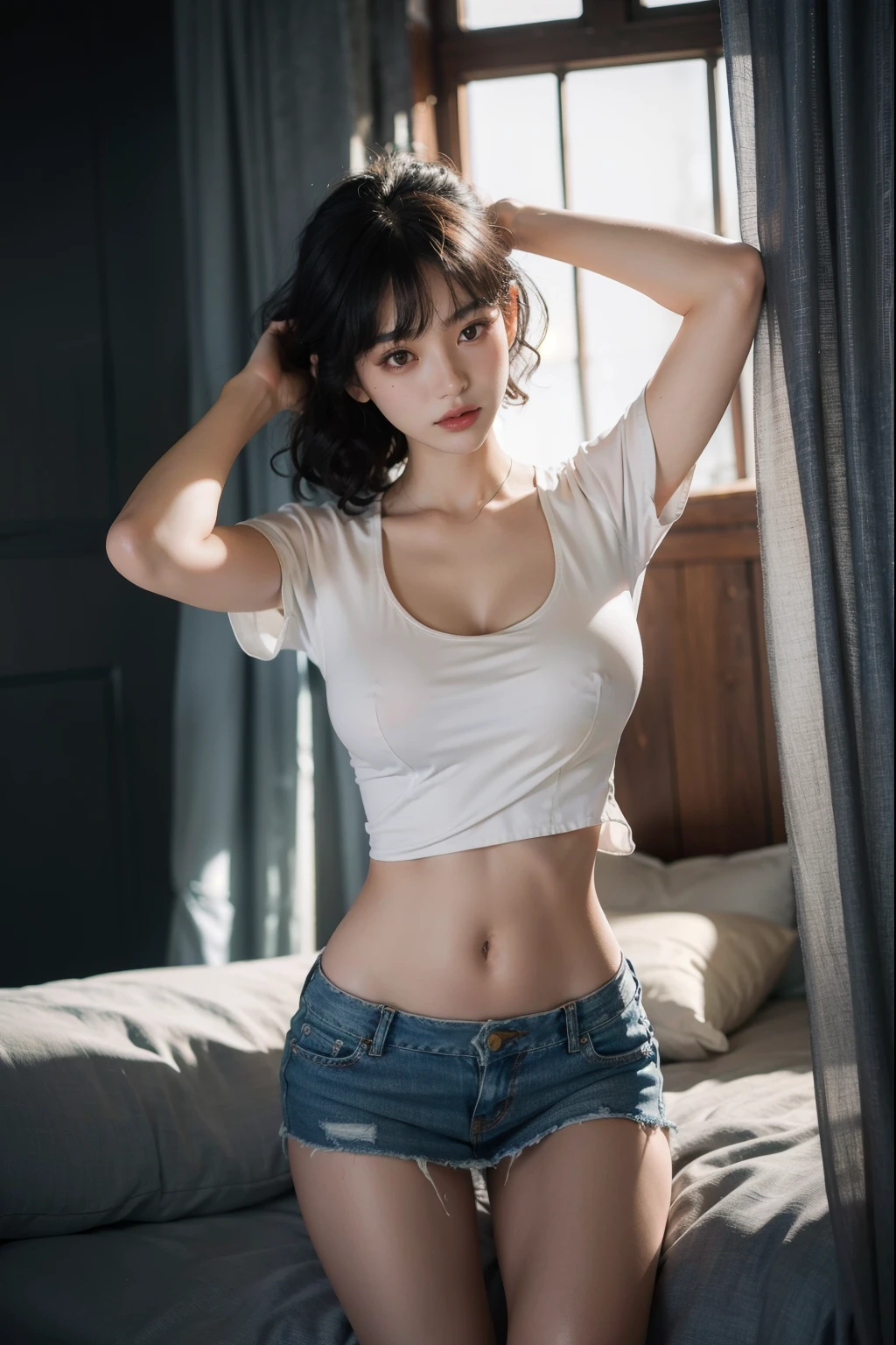 arafed asian woman in a tight white blouse and denim miniskirt posing for a picture, photo of slim girl model, sultry body with sexy belly, 2 old female model, ((huge breasts|tight white blouse)), ((miniskirt|denim)),beautiful alluring teen, model with attractive body, gorgeous young korean woman, gorgeous young model, young sensual graceful, gorgeous chinese model, ((curly bangs)), ((very dark short hair)), ((black hair in a rough shag)), wavy hair, (masterpiece:1.3), high resolution
