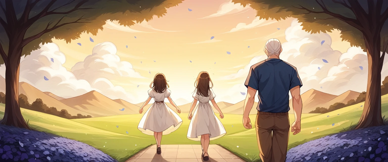 (1couple:1.5),1female\(smiling, brown hair, white dress, middle-aged,\) and 1male\(white hair, back is bent, many wrinkles,very old man,skinny, (blue short-sleeve shirt), brown pants, face as if asleep) walking along a (park promenade:1.2) , many petals flying in the air,many colorful flowers, beautiful sunset, beautiful clouds,, BREAK ,quality\(8k,wallpaper of extremely detailed CG unit, ​masterpiece,hight resolution,top-quality,top-quality real texture skin,hyper realisitic,increase the resolution,RAW photos,best qualtiy,highly detailed,the wallpaper,cinematic lighting,ray trace,golden ratio\),[nsfw],anatomically correct body,better hands,golden hour