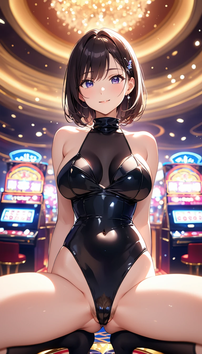 高いquality illustration, masterpiece, Very delicate and beautiful, Attractive girl,(Shiny black swimsuit、turtleneck、Black knee socks、Black gloves),thin,Slender body,slim、casino、casinoの背景,Princess, Beautiful Eyes,A light smile,(masterpiece, Highest quality:1.2), High resolution, Very detailed CG ユニティ 8k 壁紙, Perfect lighting, colorful, 超High resolution,4K,Very detailed, photograph, 8k, High resolutionolution, Big Breasts Spread your legs Female organ Thick pubic hair Pubic hair Close-up of the crotch from directly below