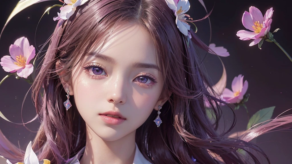 One girl, alone, flower畑, flower, (Official Art, unity 8k wallpaper, Super detailed, beautifully、aesthetic, masterpiece ,Highest quality:1.3), (Dynamic Angle:1.2), (Floating colorful sparkles:1) , elegant, Vibrant colors, Highly detailed face, Detailed eyes, Glowing Skin, Glossy Lips , Pale purple background,