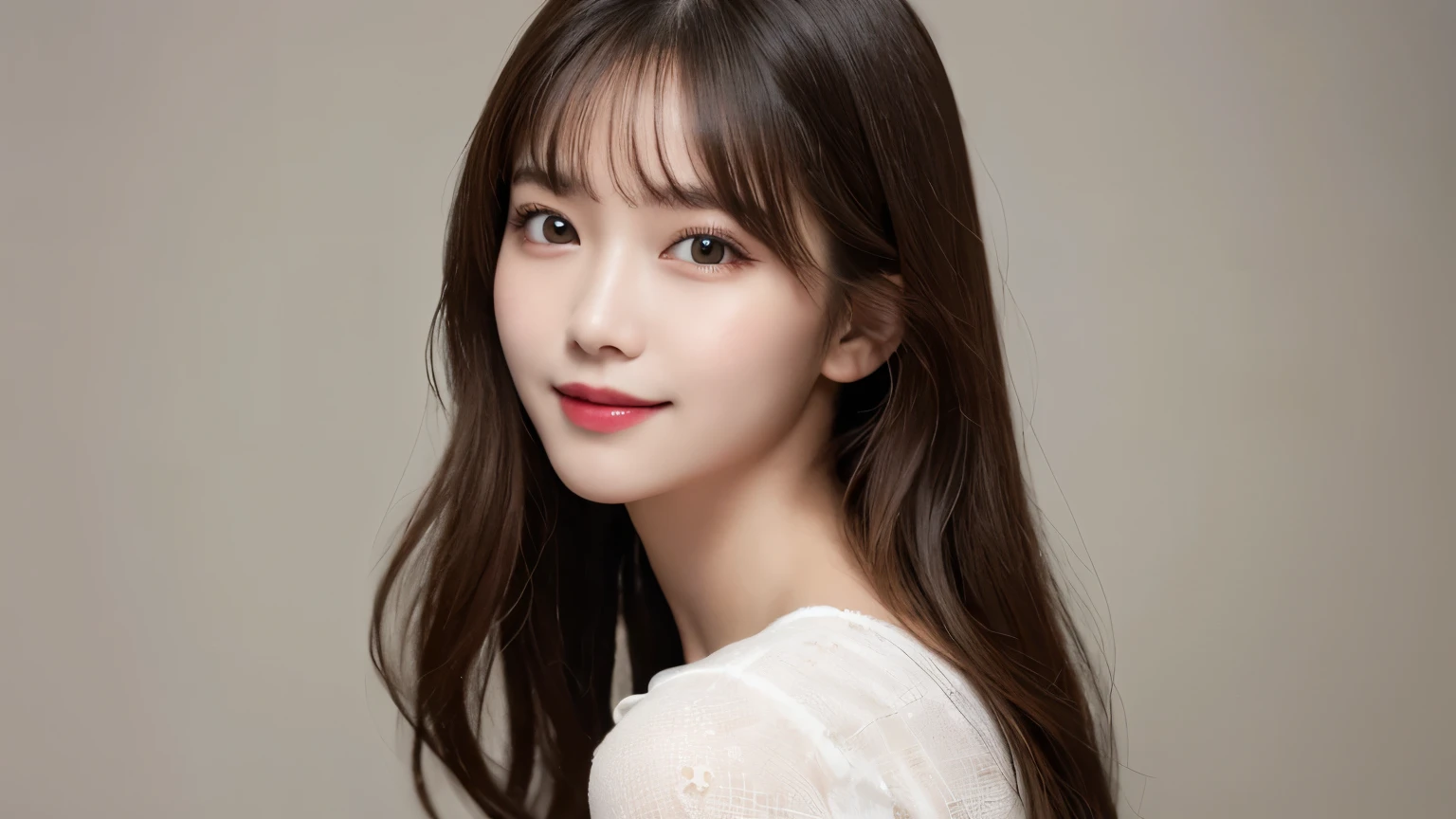 white background, bust up photo, Shows everything from the top of the head to the bust, looks happy, highest quality, shape, Super detailed, finely, High resolution, 8k wallpaper, Perfect dynamic shape, beautiful and detailed eyes, D cup, natural color lip,smile、20 year old girl, Beautiful and dense face、perfect and beautiful face,Big eyes、real photos(best image quality), blouse (off white)、looking at camera、Please stand、Do gal makeup
