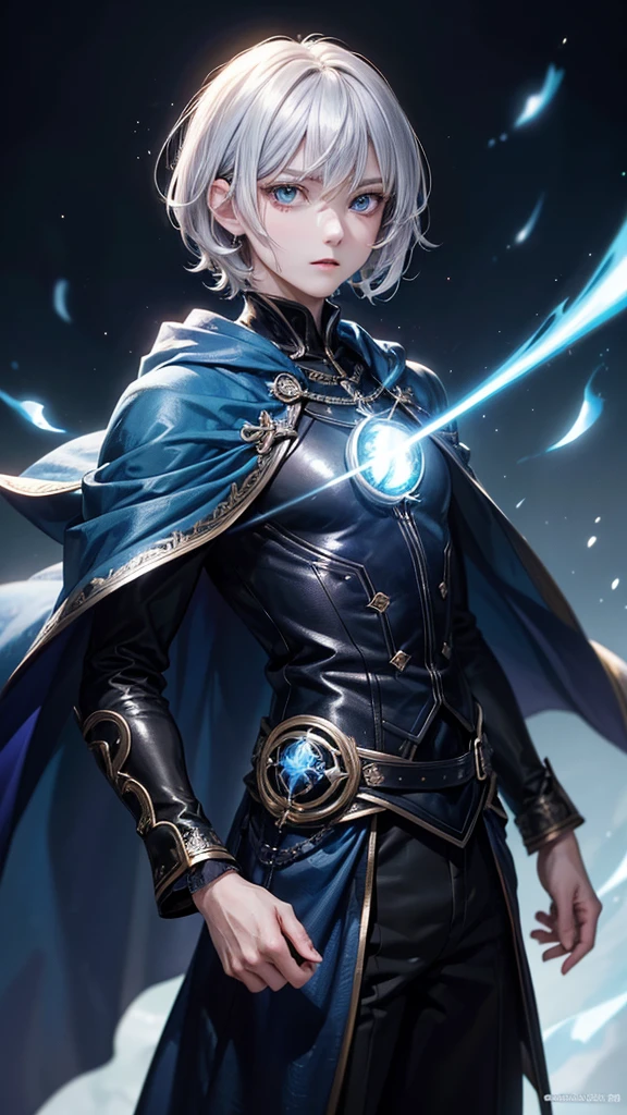 (Highest quality,Very detailed,High resolution:1.2),1 adult male,Silver Hair,The most beautiful young man in human history,(1 photo from the front),Dark blue eyes (Dark blue eyes:1.1),さみし気なaura(aura:1.1),(mysterious,Ghostly:1.1) atmosphere,Looks like half a demon,(Demonic traits,Demonic traits),(Elaborate,wonderful) ,Strong Body、Shortcuts、Use magic、auraが漂う、Cape、Powerful、Confident expression、Very short hair、The bangs are swept to the side、Permed hair、Sharp eyes、anger、Glowing blue fireball、Emits a flash of light from the body、Are standing、whole photo