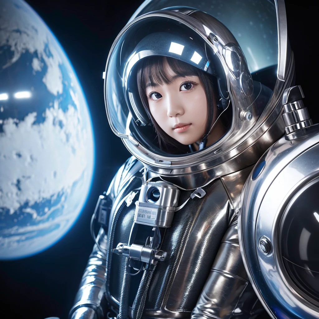 A Japanese girl poses with her whole body in a metallic silver space suit, helmet and oxygen tank on her back.