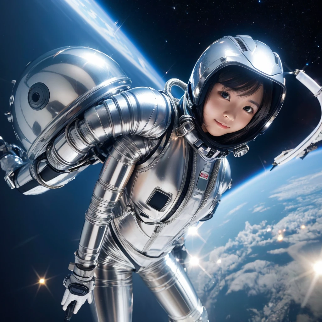A Japanese girl poses with her whole body in a metallic silver space suit, helmet and oxygen tank on her back.