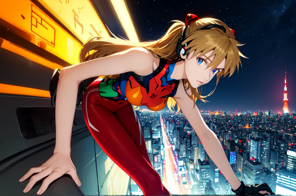 Realistic wide-angle photos,Dynamic Angle,Extremely detailed, illustration, close up, straight on, 1 girl, ((Muneru Asuka Langley, Interface Headphones, Red leggings:1.4, Blonde)),Her eyes shone like Dreamy stars,(Glowing eyes:1.233),(Beautiful and delicate eyes:1.1),(Everlasting), Standing on top of Tokyo Tower (在漆黑的night), Soft Light, (night:1.2),Dreamy, [[Slender fingers and hands:0.55]::0.85],(Detail fingers)