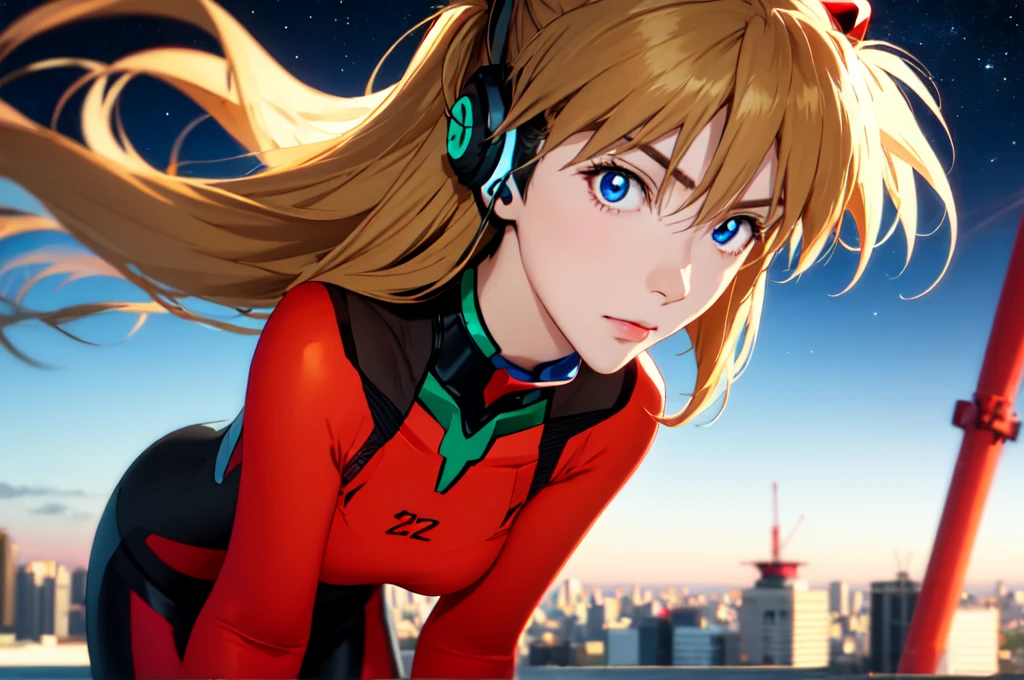 Realistic wide-angle photos,Dynamic Angle,Extremely detailed, illustration, close up, straight on, 1 girl, ((Muneru Asuka Langley, Interface Headphones, Red leggings:1.4, Blonde)),Her eyes shone like Dreamy stars,(Glowing eyes:1.233),(Beautiful and delicate eyes:1.1),(Everlasting), Standing on top of Tokyo Tower (在漆黑的night), Soft Light, (night:1.2),Dreamy, [[Slender fingers and hands:0.55]::0.85],(Detail fingers)