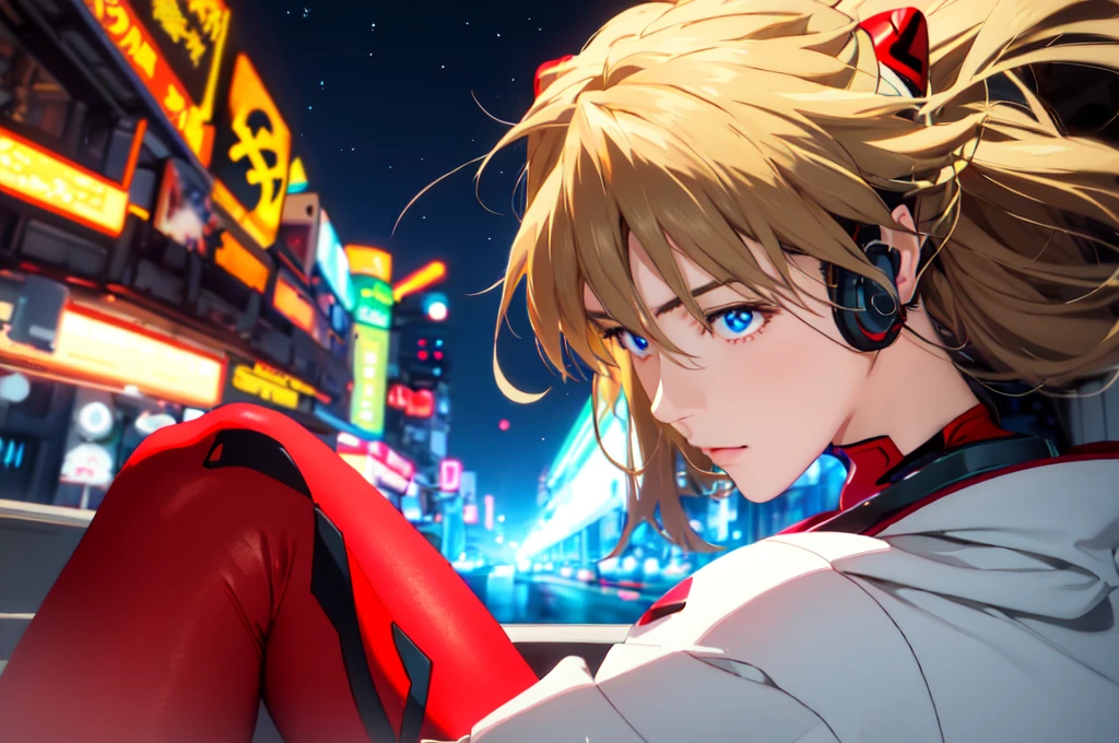 Realistic wide-angle photos,Dynamic Angle,Extremely detailed, illustration, close up, straight on, 1 girl, ((Muneru Asuka Langley, Interface Headphones, Red leggings:1.4, Blonde)),Her eyes shone like Dreamy stars,(Glowing eyes:1.233),(Beautiful and delicate eyes:1.1),(Everlasting), Standing on top of Tokyo Tower (在漆黑的night), Soft Light, (night:1.2),Dreamy, [[Slender fingers and hands:0.55]::0.85],(Detail fingers)