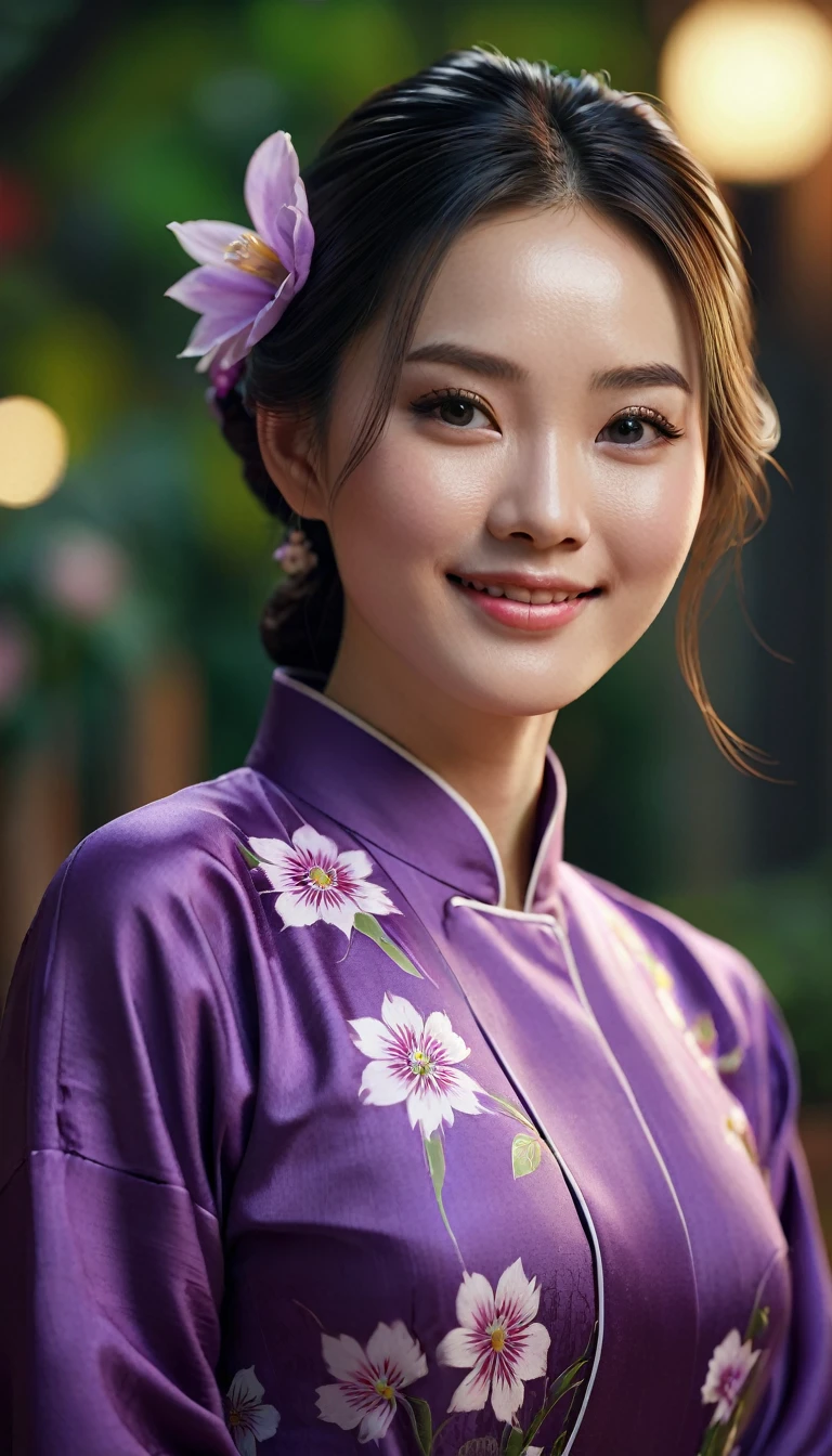 1girl, purple aodai, photo art, (flower), stunning photo with beautiful saturation, very high resolution,(realistic:1.4)), deep shadows,(best quality, masterpiece), pale skin, low lighting, shade, confused, blush cheeks, highly detailed, thin, BREAK depth of field, film grain, wrinkled skin, looking at viewer, knees, warm smile, (upper body), masterpiece, highly realistic, 32k, highly detailed 8k unity CG wallpaper, best quality