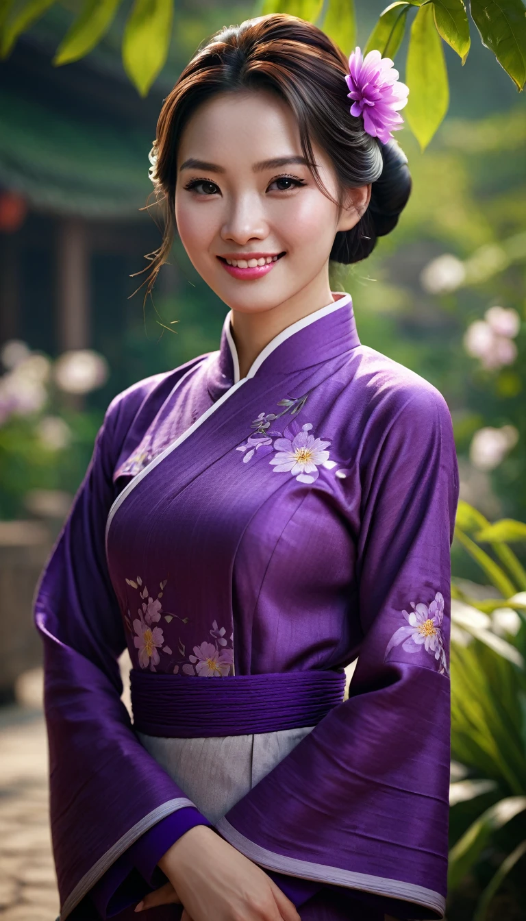 1girl, purple aodai, photo art, (flower), stunning photo with beautiful saturation, very high resolution,(realistic:1.4)), deep shadows,(best quality, masterpiece), pale skin, low lighting, shade, confused, blush cheeks, highly detailed, thin, BREAK depth of field, film grain, wrinkled skin, looking at viewer, knees, warm smile, (upper body), masterpiece, highly realistic, 32k, highly detailed 8k unity CG wallpaper, best quality