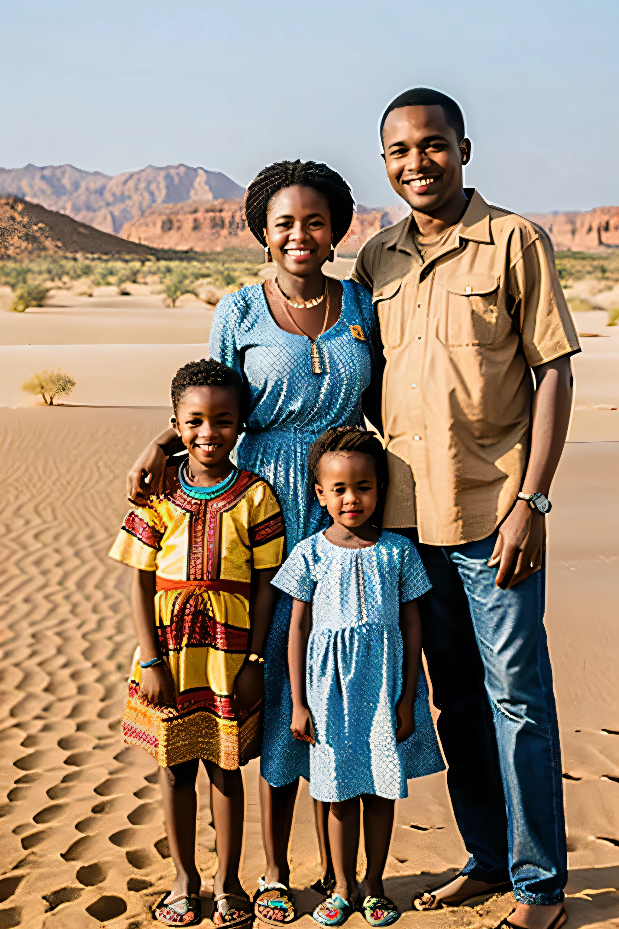 ((best quality)), ((masterpiece)), (detailed), African, Family photo, Desert, mother, father,
