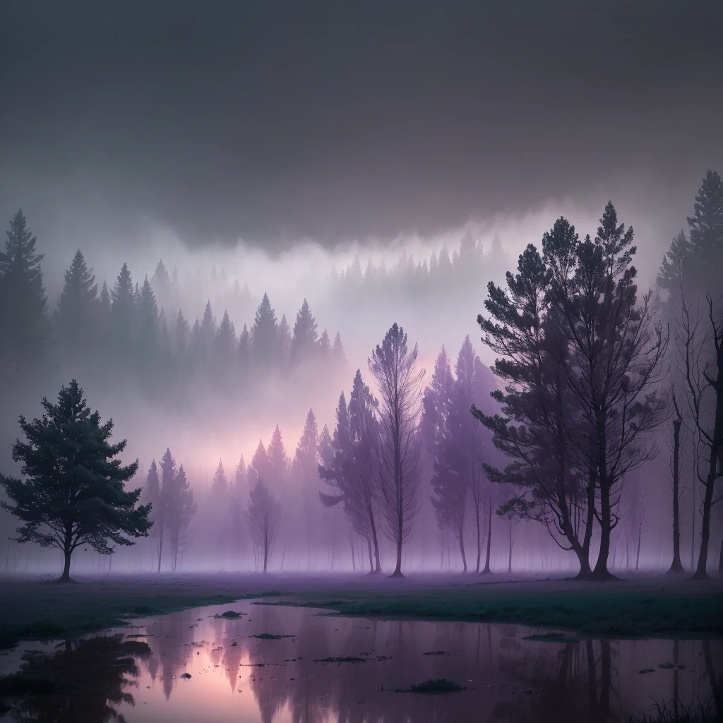trees in a foggy forest with a puddle of water, a matte painting inspired by Gregory Crewdson, flickr, romanticism, purple fog, light purple mist, a mystical misty glow, foggy twilight lighting, extremely beautiful and ethereal, purple mist, foggy morning light, foggy at dawn, misty morning, beautiful and mysterious, early foggy morning, glowing colorful fog