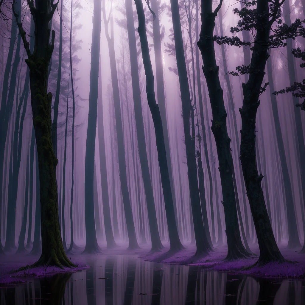 trees in a foggy forest with a puddle of water, a matte painting inspired by Gregory Crewdson, flickr, romanticism, purple fog, light purple mist, a mystical misty glow, foggy twilight lighting, extremely beautiful and ethereal, purple mist, foggy morning light, foggy at dawn, misty morning, beautiful and mysterious, early foggy morning, glowing colorful fog