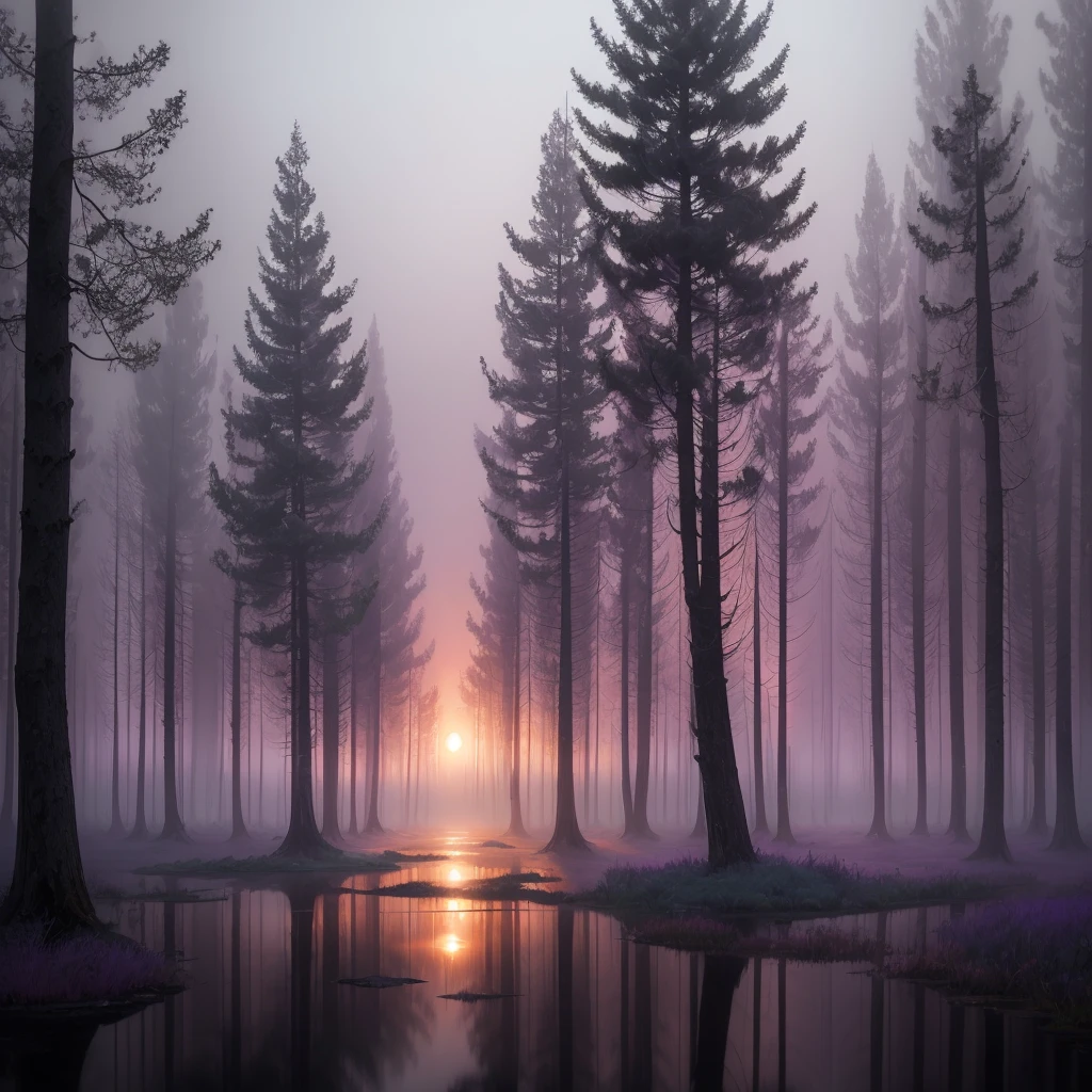 trees in a foggy forest with a puddle of water, a matte painting inspired by Gregory Crewdson, flickr, romanticism, purple fog, light purple mist, a mystical misty glow, foggy twilight lighting, extremely beautiful and ethereal, purple mist, foggy morning light, foggy at dawn, misty morning, beautiful and mysterious, early foggy morning, glowing colorful fog