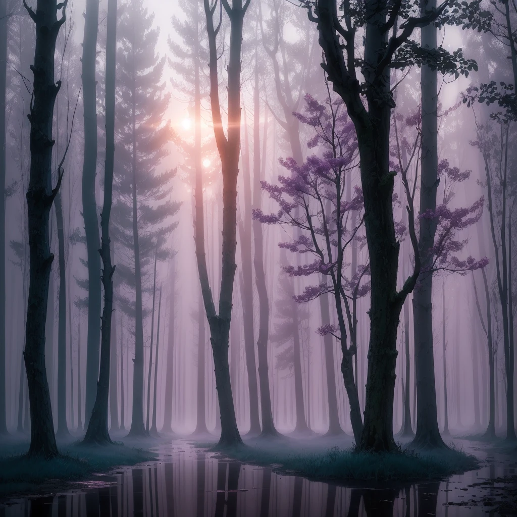 trees in a foggy forest with a puddle of water, a matte painting inspired by Gregory Crewdson, flickr, romanticism, purple fog, light purple mist, a mystical misty glow, foggy twilight lighting, extremely beautiful and ethereal, purple mist, foggy morning light, foggy at dawn, misty morning, beautiful and mysterious, early foggy morning, glowing colorful fog