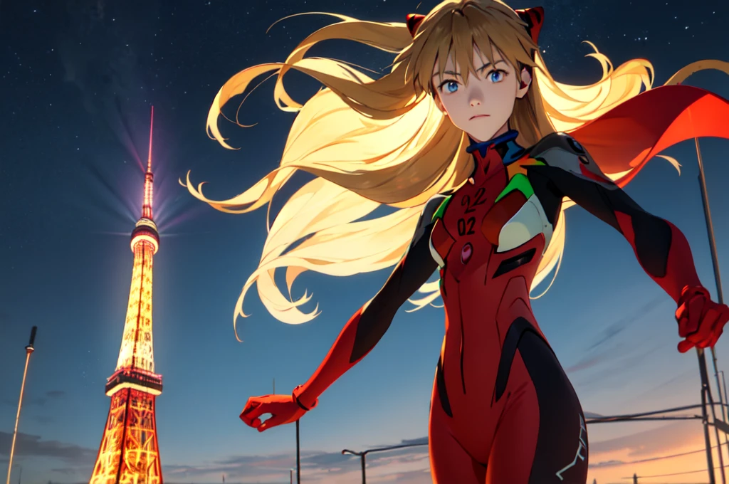 Realistic wide-angle photos,Dynamic Angle,Extremely detailed, illustration, straight on, 1 girl, ((Muneru Asuka Langley, Interface Headphones, Red leggings:1.4, Blonde)),Her eyes shone like Dreamy stars,(Glowing eyes:1.233),(Beautiful and delicate eyes:1.1),(Everlasting), Standing on top of Tokyo Tower (在漆黑的night), Soft Light, (night:1.2),Dreamy, [[Slender fingers and hands:0.55]::0.85],(Detail fingers)