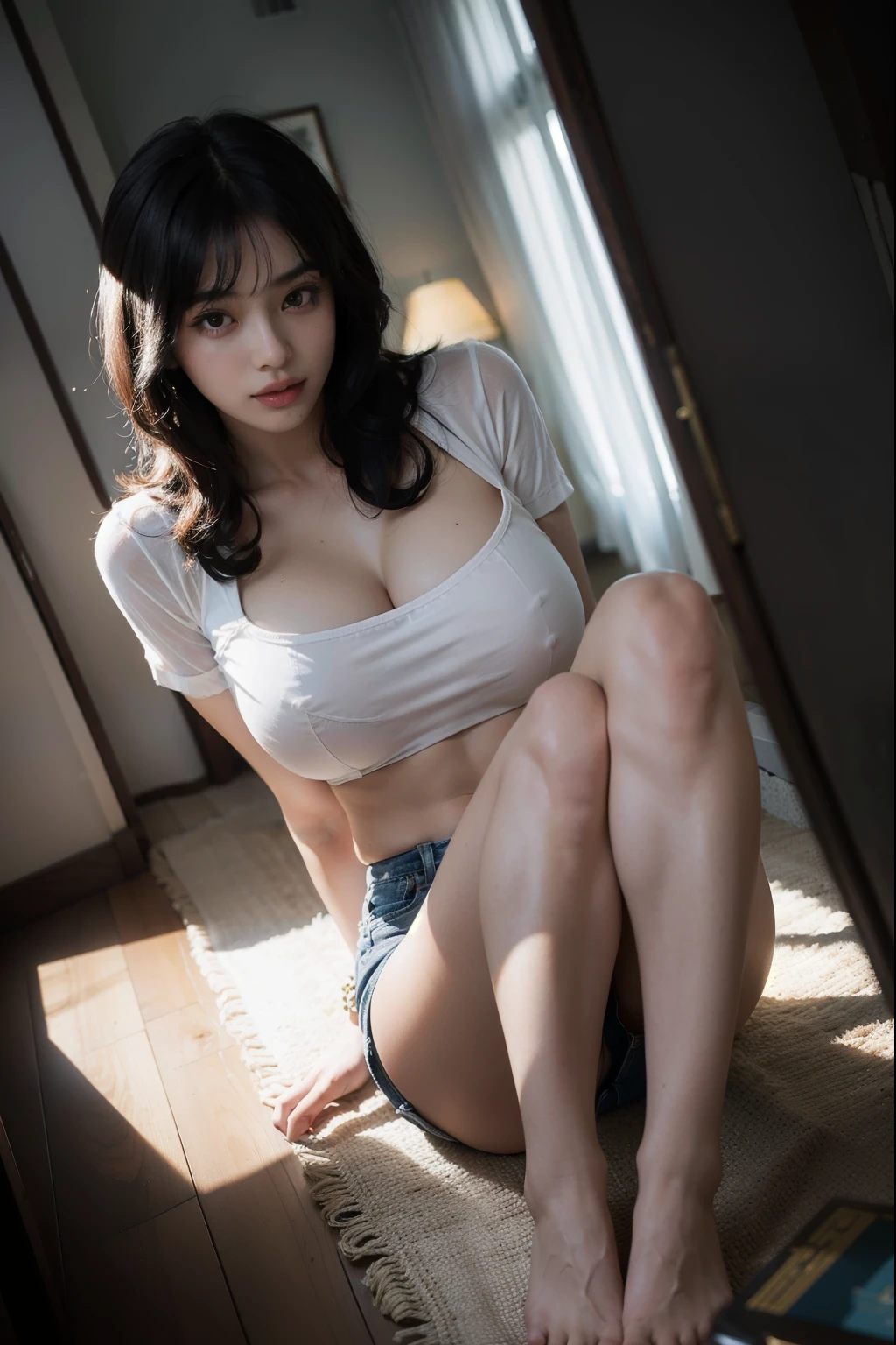 arafed asian woman in a tight white blouse and denim miniskirt posing for a picture, photo of slim girl model, sultry body with sexy belly, 2 4 year old female model, ((huge breasts|tight white blouse)), ((miniskirt|denim)),beautiful alluring teen, model with attractive body, gorgeous young korean woman, gorgeous young model, young sensual graceful, gorgeous chinese model, ((curly bangs)), ((very dark short hair)), ((black hair in a rough shag)), wavy hair, (masterpiece:1.3), high resolution