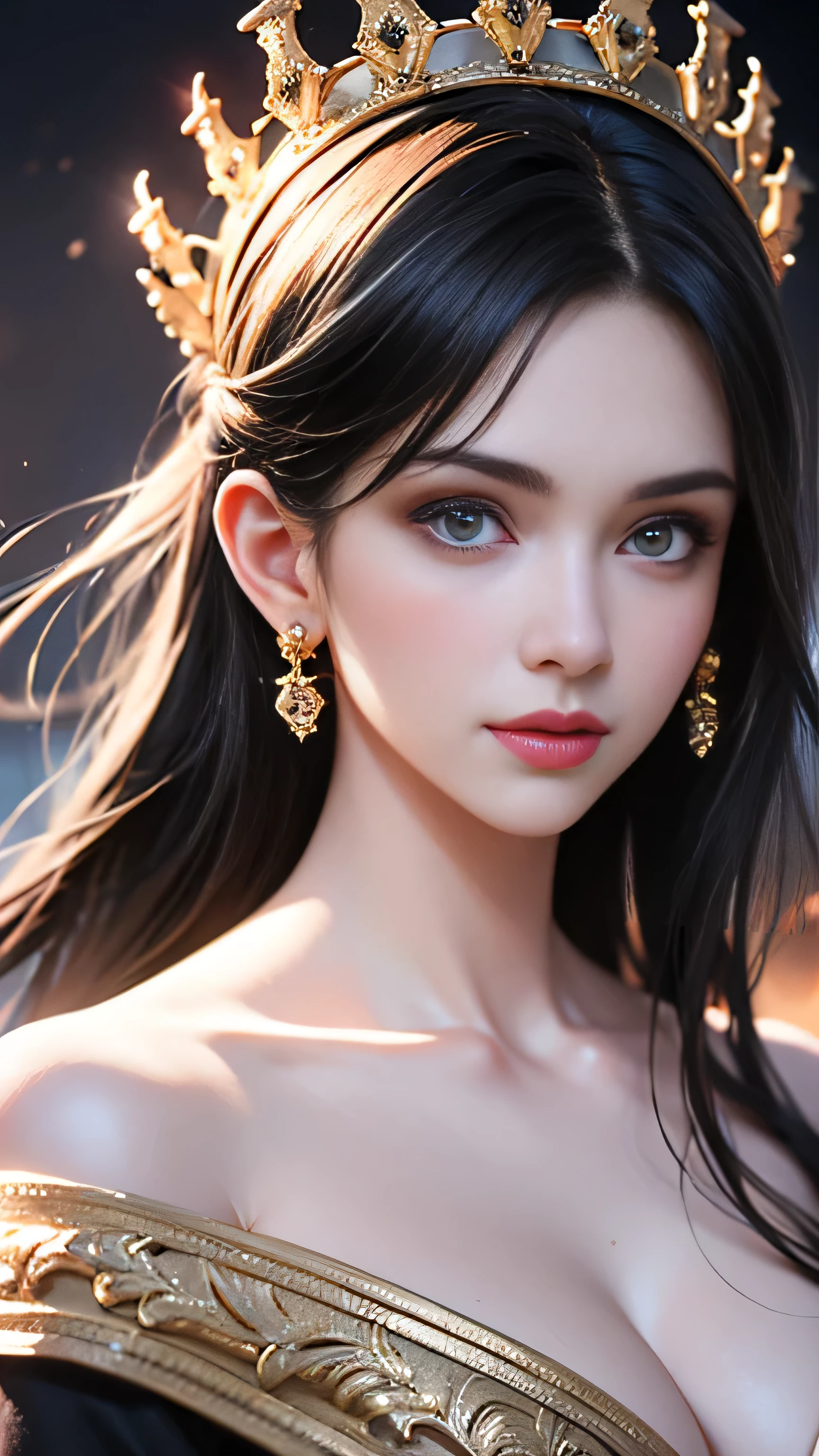 Highest quality, Best image quality, RAW Photos, Realistic, Photorealistic, Very detailed and beautiful, Best details, One Girl, good looking, Beautiful white skin and glow, Beautiful eyes are big and bright, Small mouth and thin lips, Long black hair blowing in the wind, Stylish and slim, (Beautiful big boobs:1.3), She has a bright personality and a cute smile......, Natural Makeup, Pearl Pink Lips, (Medieval Fantasy Dress、Crown) Portrait of a pretty girl, A beautiful girl illuminated by rainbow lights, Iridescent colors,