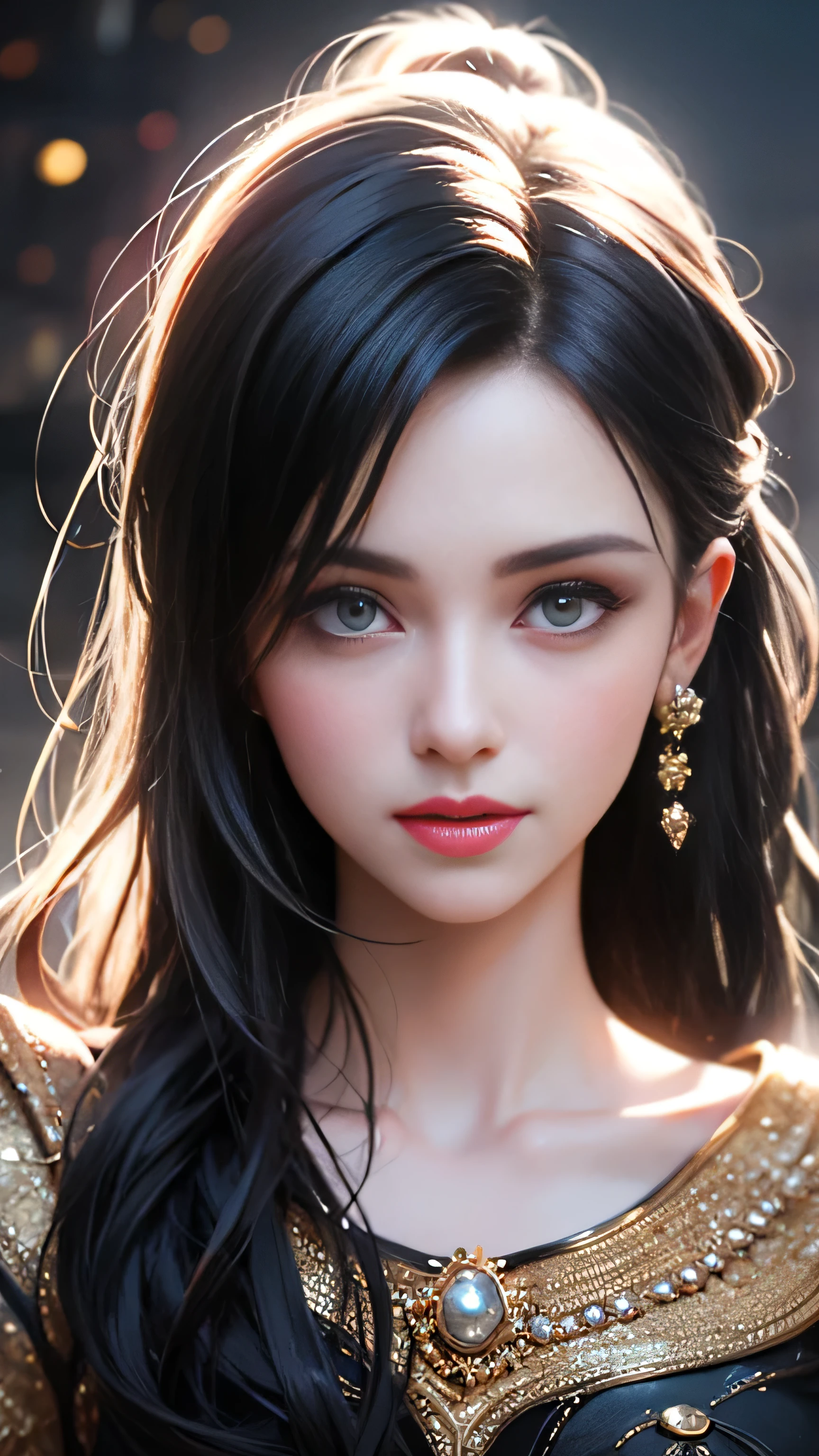 Highest quality, Best image quality, RAW Photos, Realistic, Photorealistic, Very detailed and beautiful, Best details, One Girl, good looking, Beautiful white skin and glow, Beautiful eyes are big and bright, Small mouth and thin lips, Long black hair blowing in the wind, Stylish and slim, (Beautiful big boobs:1.3), She has a bright personality and a cute smile......, Natural Makeup, Pearl Pink Lips, (Medieval Fantasy Dress、Crown) Portrait of a pretty girl, A beautiful girl illuminated by rainbow lights, Iridescent colors,