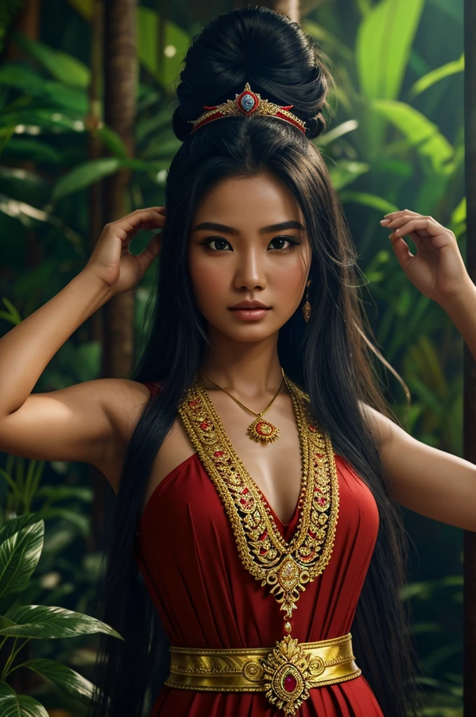 create a hyper realistic photo a beautiful indonesian woman as a hero in dynasty kingdom of majapahit, wearing small gold neklace like a queen, wearing red kemben ,long black hair with bun, doing floating meditation, energy bursts from around of her body, unreal engine 5, absurdres, volumetric mixed color line blue red white lighting around her body, eyes to camera, rainforest background