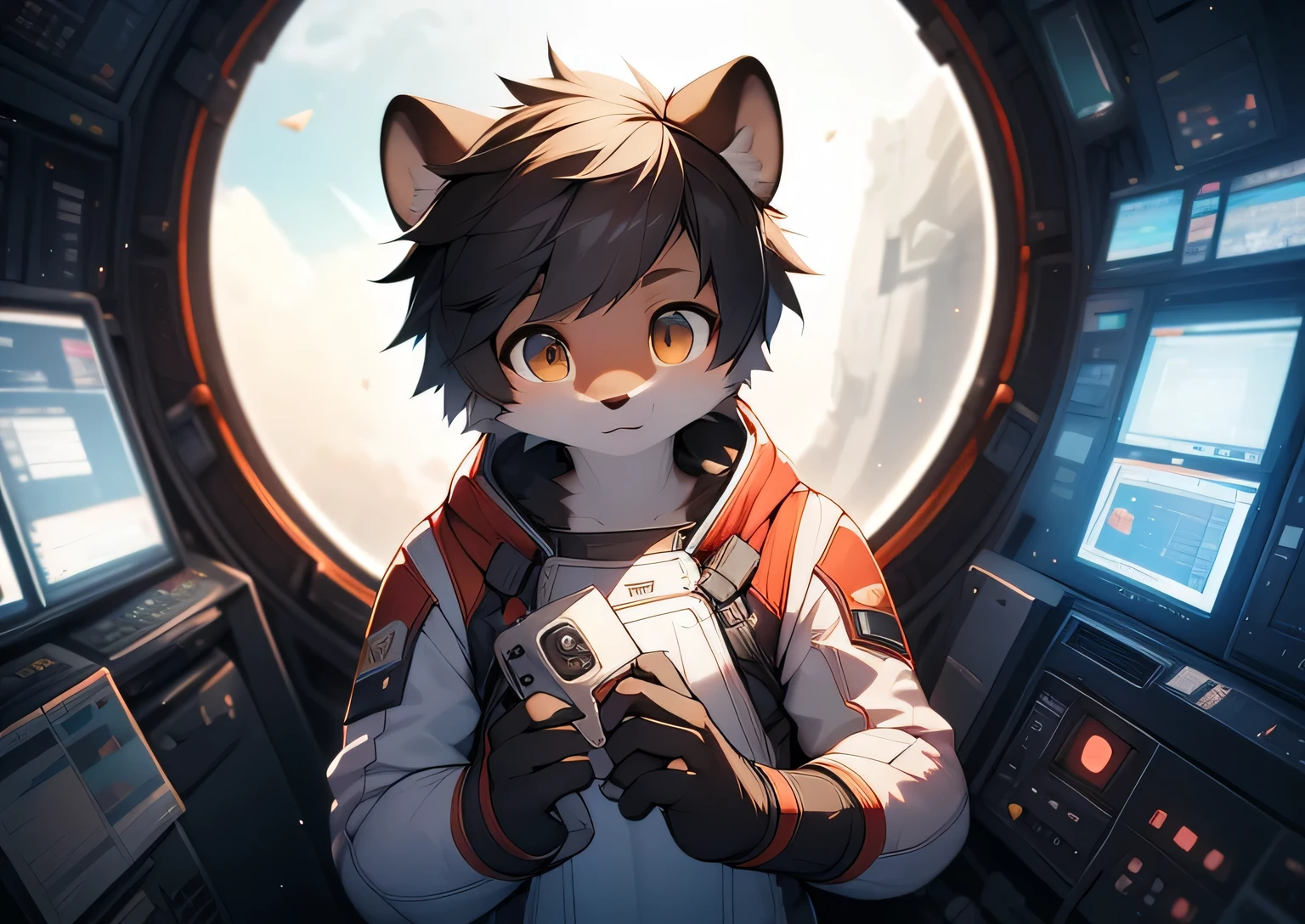 ((otter)), solo, nude, light brown fur, ((hazel eyes)), short hair, (black hair), light, astronaut suit, astronaut helmet, floating in space, moon, looking at viewer. Very good figure, best quality, highres, 16k, Natural soft light, Tyndall effect, Advanced film lighting, Unreal Engine5, Extremely realistic, A high resolution, perfect masterpiece, high quality, high resolution
