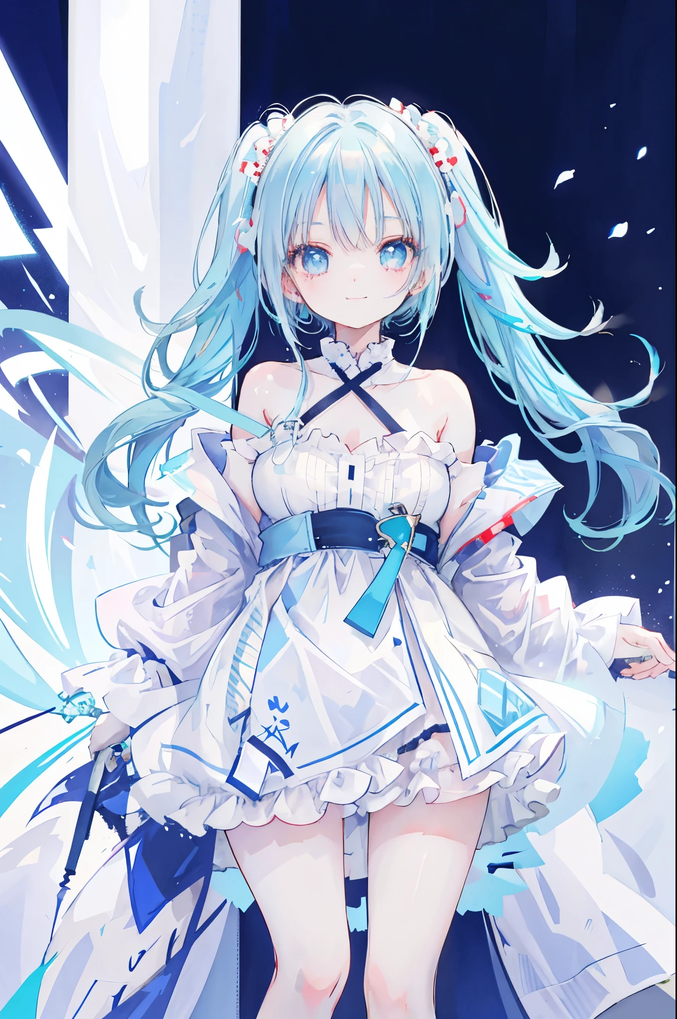 Highest quality,smile,woman,cute,Twin tails,Light blue hair,Light blue eyes,White off-the-shoulder tops,Checkered mini skirt,Background white,