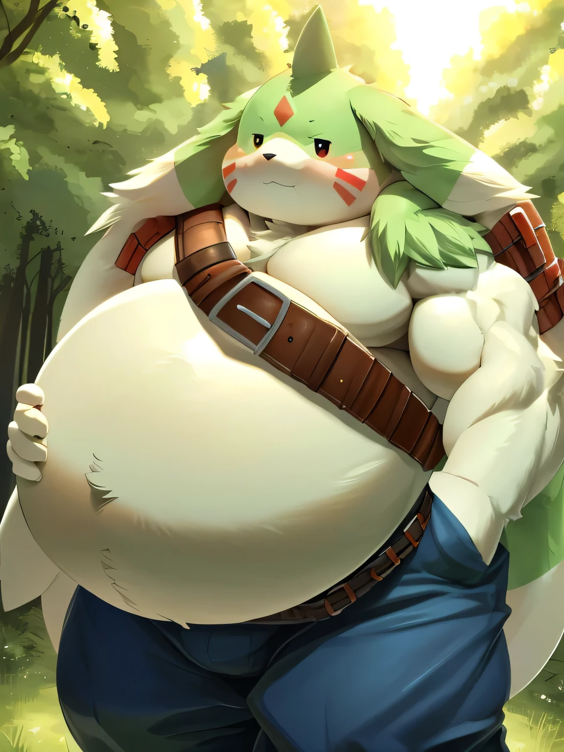 masterpiece, high quality, (konzaburou, ukan_muri, cute), (soft shading), 8k, UHD, Detailed background, detailed face, forest, (Gargomon), male, (all body fluffy:1.5) (inflating:1.5), (hyper belly:1.5), (Muscles:1.5), (Thick legs:1.5), (fat:1.5), (Chubby Cheeks:1.2), (wears huge pants:1.5), (wears huge belt over shoulder:1.5)