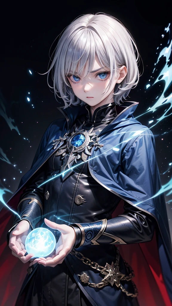 (Highest quality,Very detailed,High resolution:1.2),One adult male,Silver Hair,The most beautiful young man in human history,(1 photo from the front),Dark blue eyes (Dark blue eyes:1.1),さみし気なaura(aura:1.1),(mysterious,Ghostly:1.1) atmosphere,Looks like half a demon,(Demonic traits,Demonic traits),(Elaborate,wonderful) ,Strong Body、Shortcuts、Use magic、auraが漂う、Cape、Stocky physique、Confident expression、Very short hair、The bangs are swept to the side、Permed hair、Sharp eyes、Angry expression、Has a glowing blue fireball、Emits a flash of light from the body、Are standing