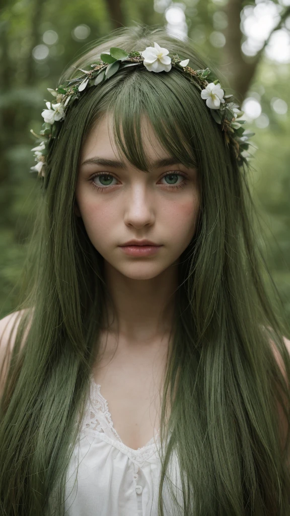 a girl.  Europe.  Oval face.  delicate facial features.  long face.  eyes are dull.  charming.  long straight hair.  messy hair.  green hair.  green eyes.  wreath on head.  sulked.  Sad.  shy.  straight face.  in the forest