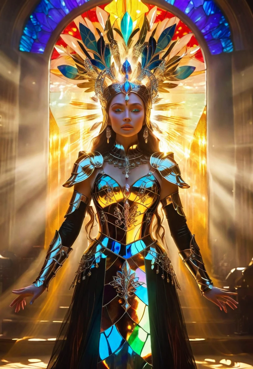 fantasy queen, intricate armor, elaborate headpiece, radiant background, stained glass style, divine presence, ethereal beauty, vibrant colors, symmetrical design, powerful aura
