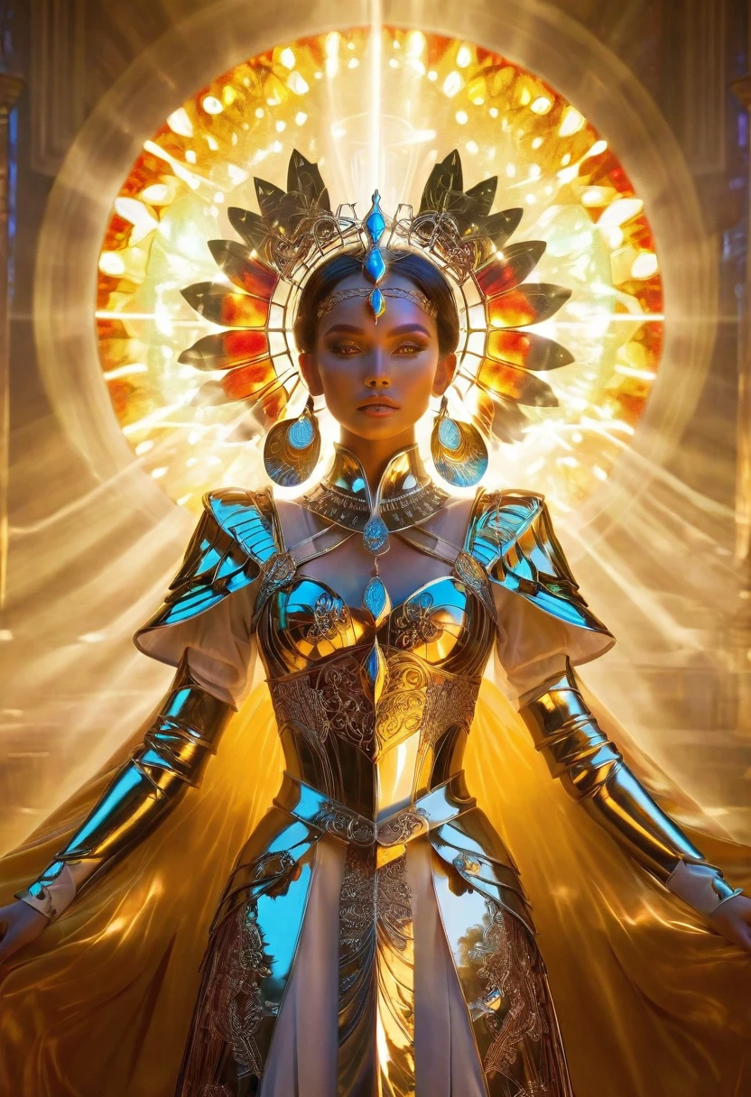 fantasy queen, intricate armor, elaborate headpiece, radiant background, stained glass style, divine presence, ethereal beauty, vibrant colors, symmetrical design, powerful aura
