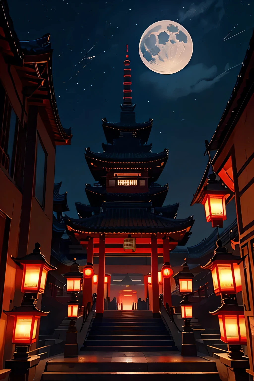 Six-story Chinese building, night, stone floor, long staircase, red railing, lanterns, mysterious, scary, night sky, moon, red arch bridge Devil flying in the sky