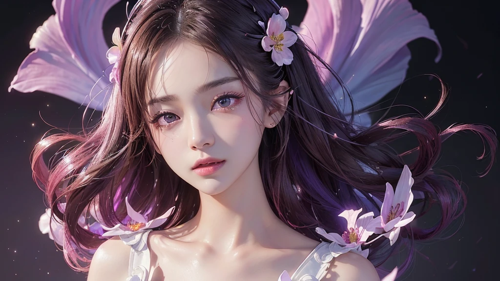 One girl, alone, flower畑, flower, (Official Art, unity 8k wallpaper, Super detailed, beautifully、aesthetic, masterpiece ,Highest quality:1.3), (Dynamic Angle:1.2), (Floating colorful sparkles:1) , elegant, Vibrant colors, Highly detailed face, Detailed eyes, Glowing Skin, Glossy Lips , Pale purple background,