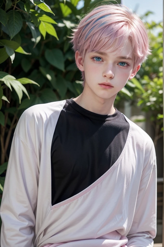 -yeld wh-skinned male with medium to long pink and blue hair (but not too much), wear fairy core style clothes, blue eyes,with ears and kind of sad,a little muscular, But wearing a black long-sleeved blouse, he looks like a 30 year old boy.